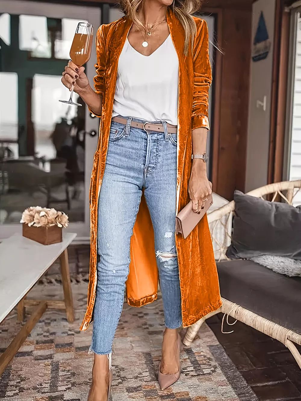 Open Front Long Sleeve Coat - Terracotta -