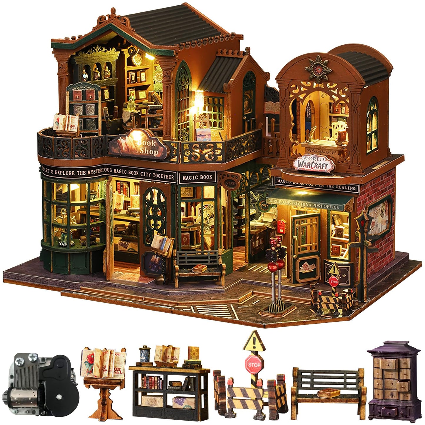 Tucraew Mini House Craft Kit with Music Box - Book Shop - mini house kit