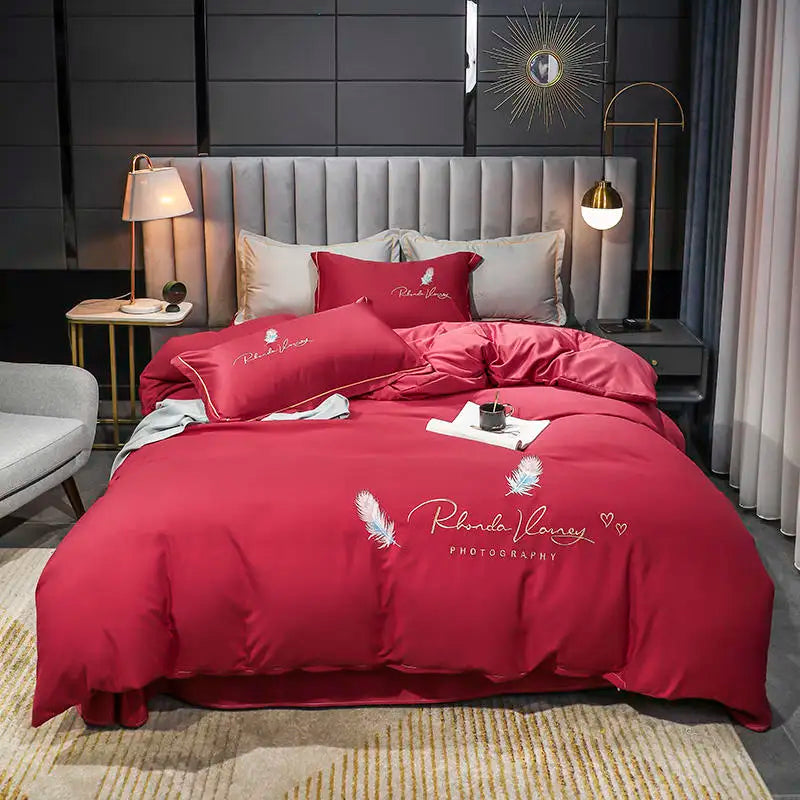 Organic Embroidered 4pcs Silky Satin Bedding Set