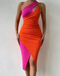 Summer Fashion Patchwork Cutout Slit Dress - Pink Orange Large - dress