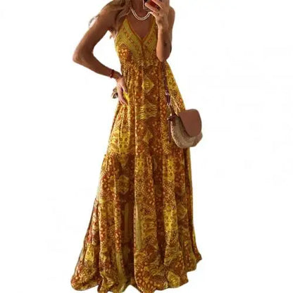 Women Boho Vintage Maxi Dress - Yellow Extra Large - dress