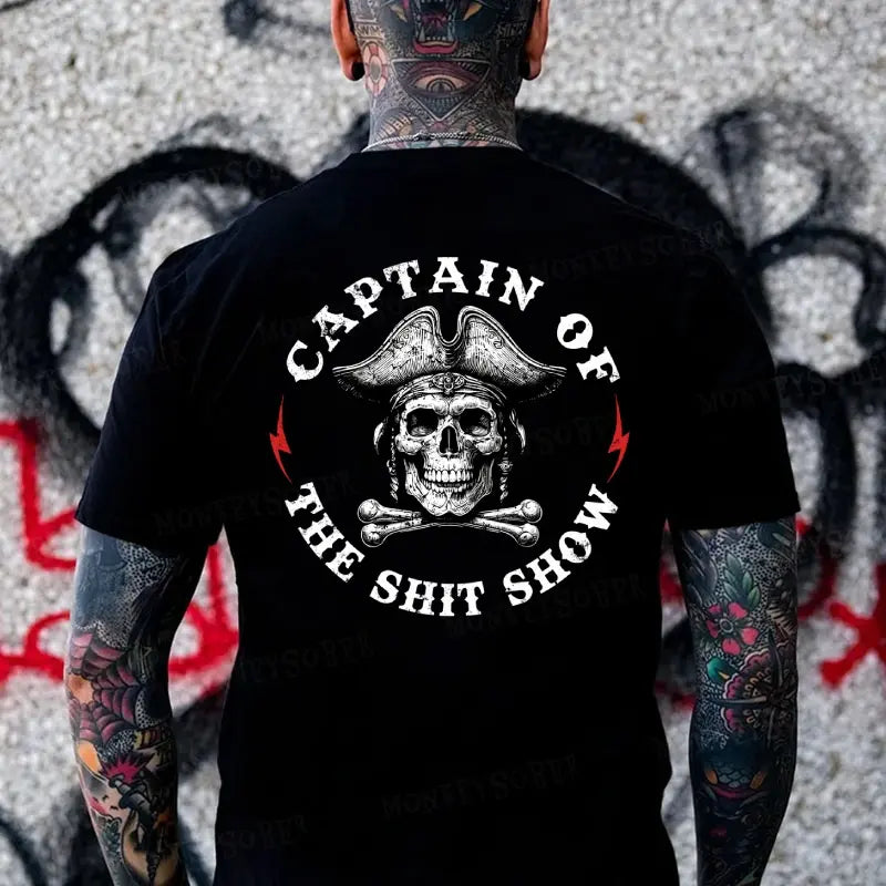 "Captain of the Shit Show" Skull Print T-Shirt – Funny & Fashionable Men's Crewneck, Casual Cotton Tee- Dog Mom Hat- {{Product type}}