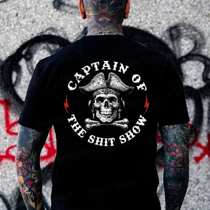 "Captain of the Shit Show" Skull Print T-Shirt – Funny & Fashionable Men's Crewneck, Casual Cotton Tee- Dog Mom Hat- {{Product type}}