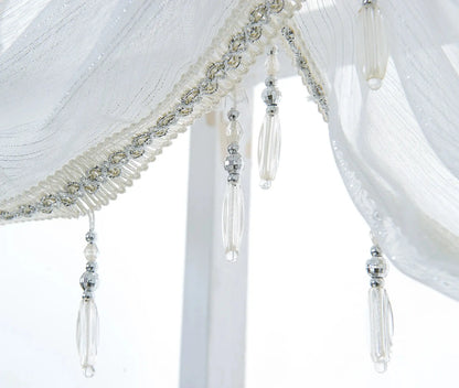 3 Pieces Beaded Sheer White Waterfall Valance Swag Curtain for Windows