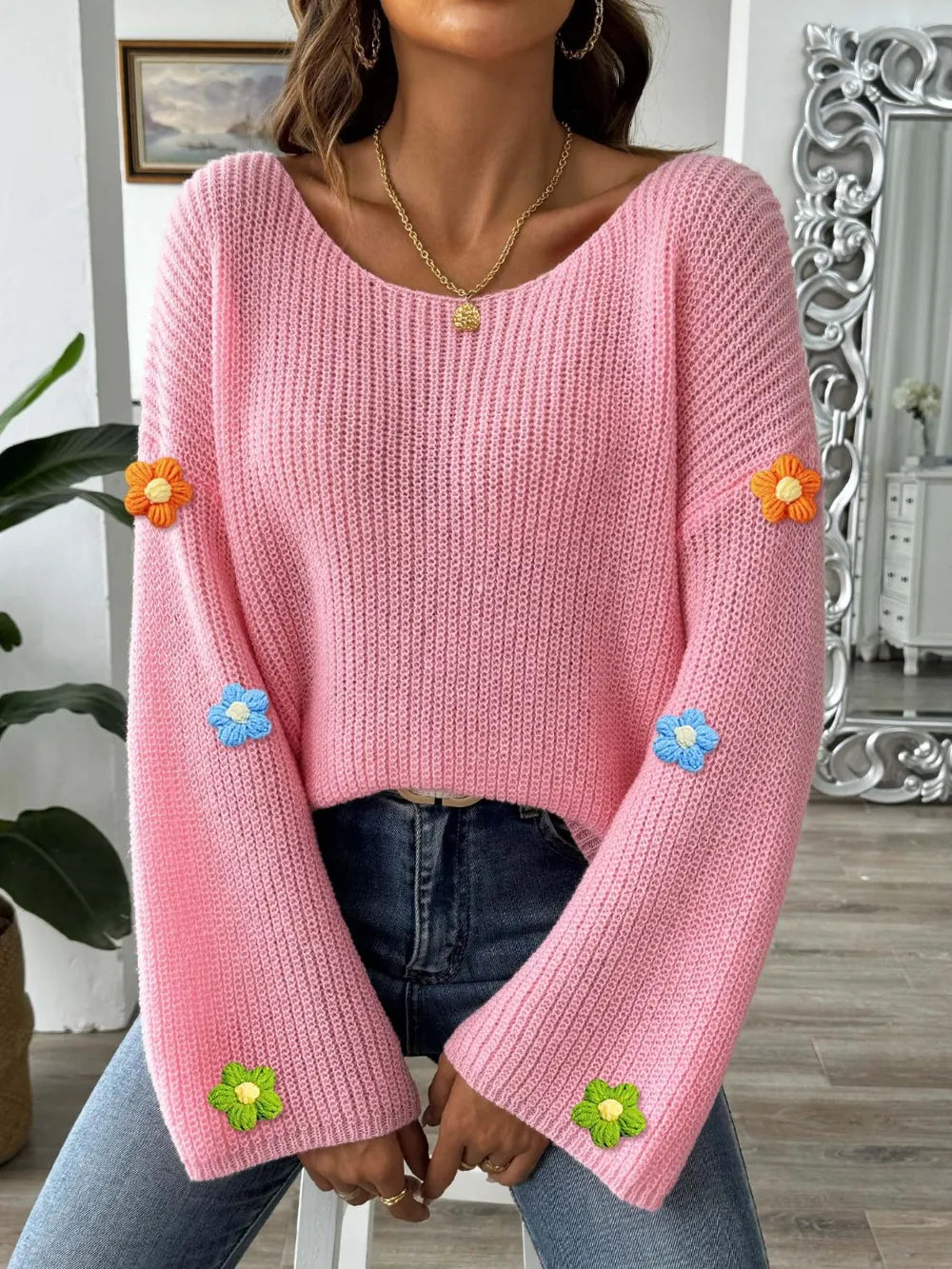 Flower Round Neck Long Sleeve Sweater - Dusty Pink -