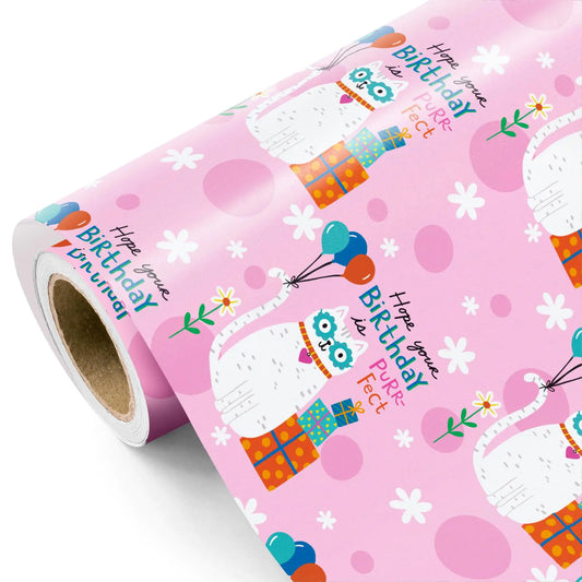 WRAPAHOLIC Pink Kitty Cat Happy Birthday Wrapping Paper - - wrapping paper