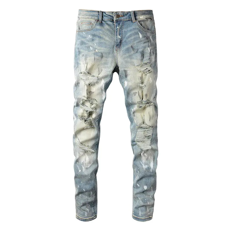 Men's Torn Graffiti Stretch Slim Fit Jeans