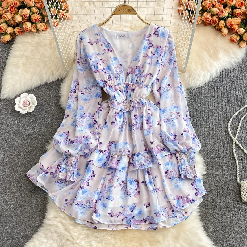 V-Neck Ruffle Lantern Sleeve Crushed Chiffon Dress Woman