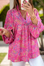 Printed Long Sleeve Blouse - Hot Pink -