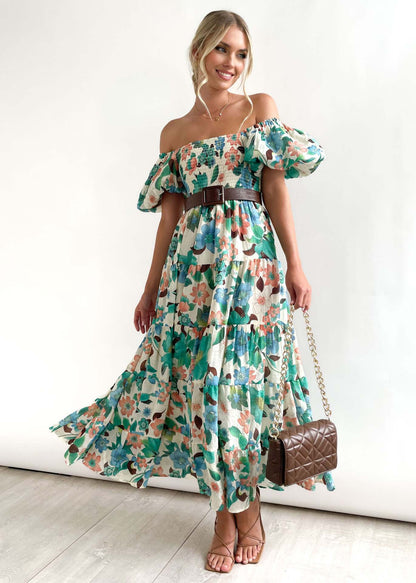 Floral-Print Off-Shoulder Loose Dress for Women - - dress