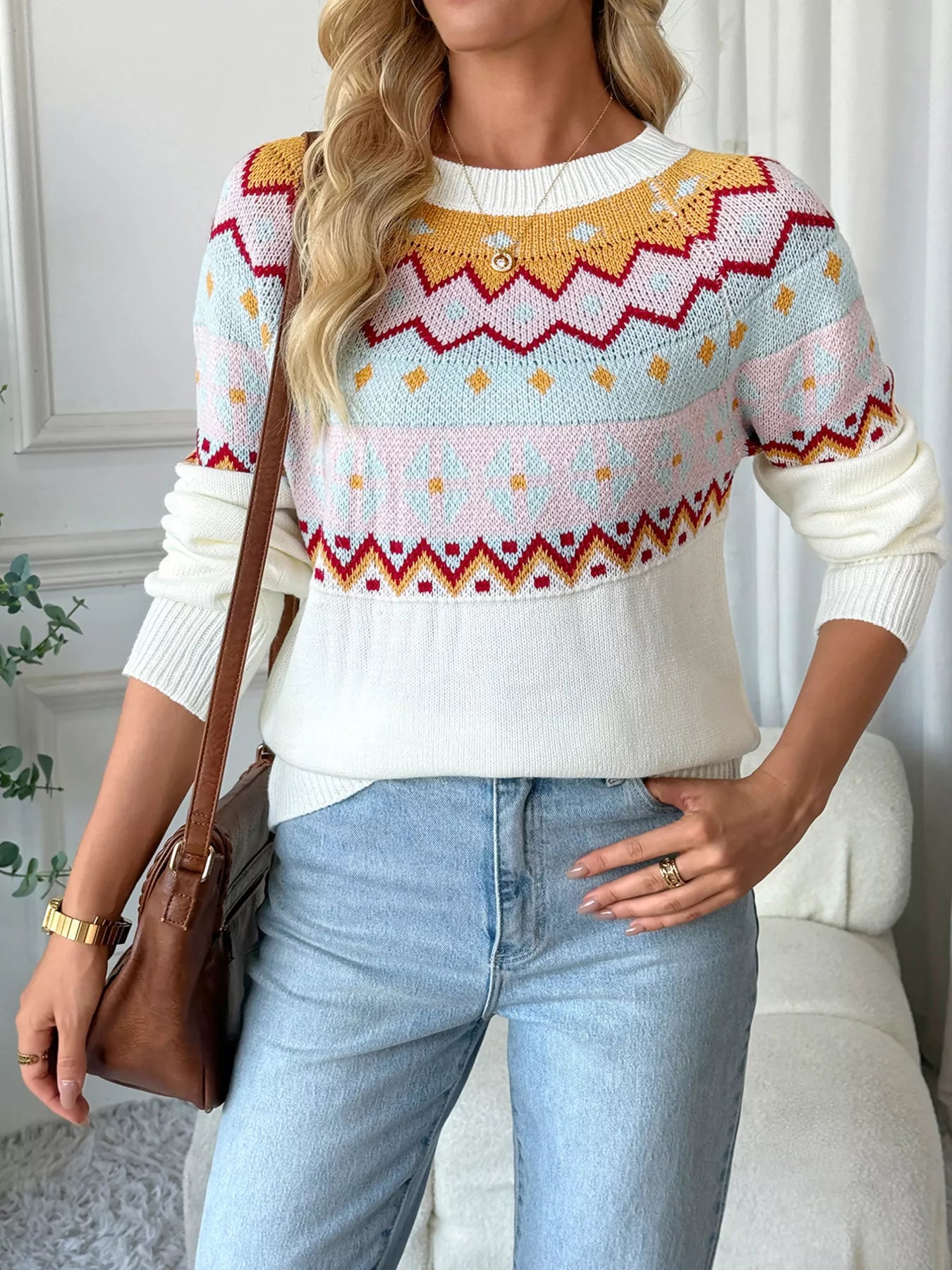 Geometric Round Neck Long Sleeve Sweater - -