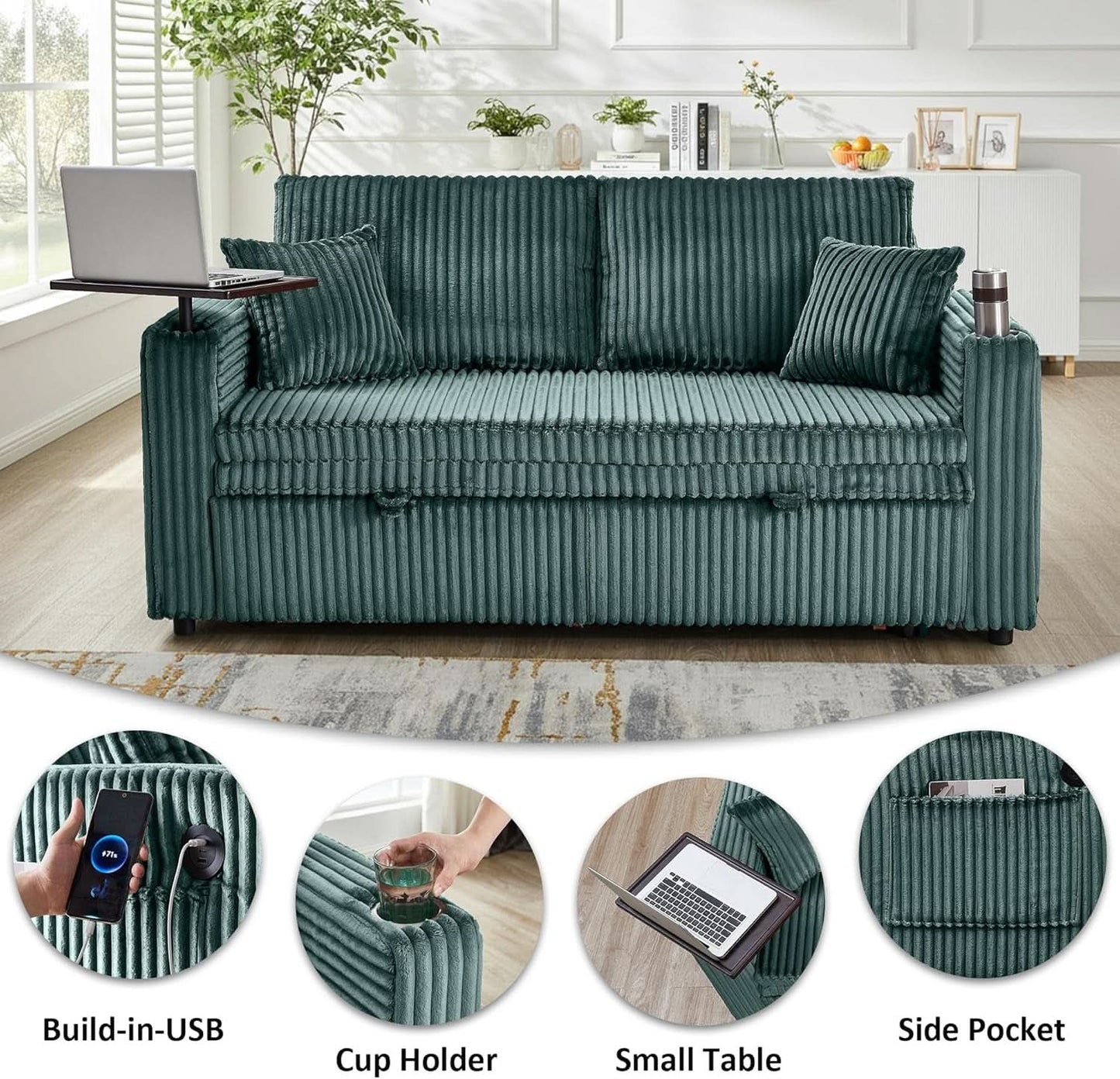 65Inch Sleeper Sofa Bed CorduroyFabric Emerald Green- ShipItFurniture- {{Product type}}