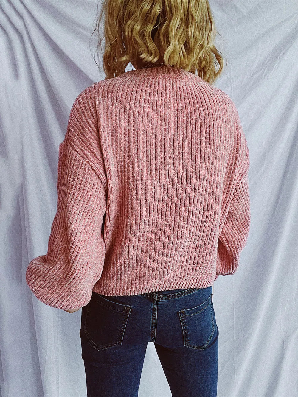 Round Neck Dropped Shoulder Long Sleeve Sweater - -