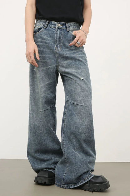 Men's Distressed Wide Leg Jeans - -