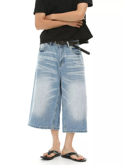 Men's Wide Leg Cropped Jeans - Light Blue -