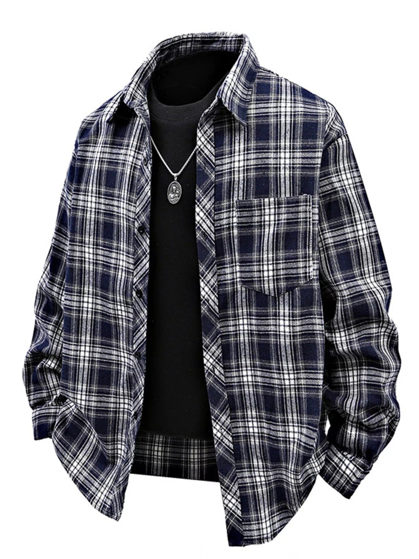 Men's Full Size Casual Plaid Long Sleeve Shirt Plus Size - Blue -