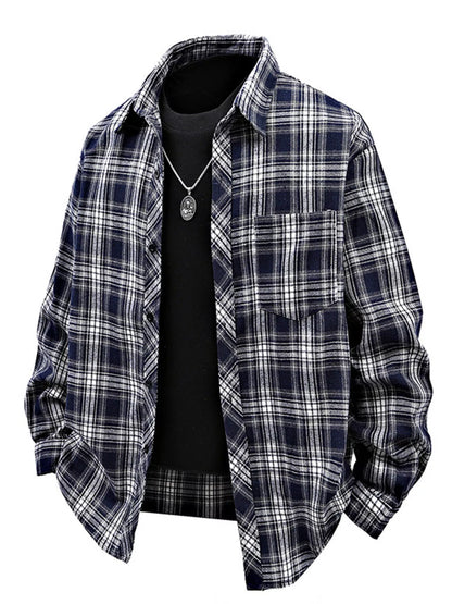 Men's Full Size Casual Plaid Long Sleeve Shirt Plus Size - Blue -