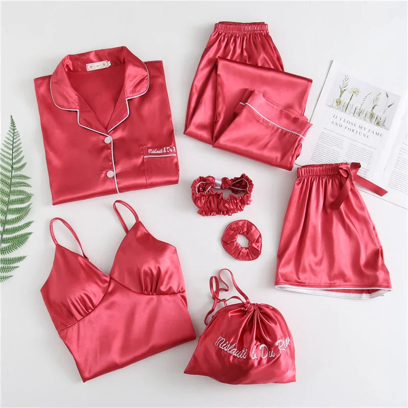 Embroider Pajamas 7pcs Long Sleeve Loungewear Pajamas Women Sleepwear Sets