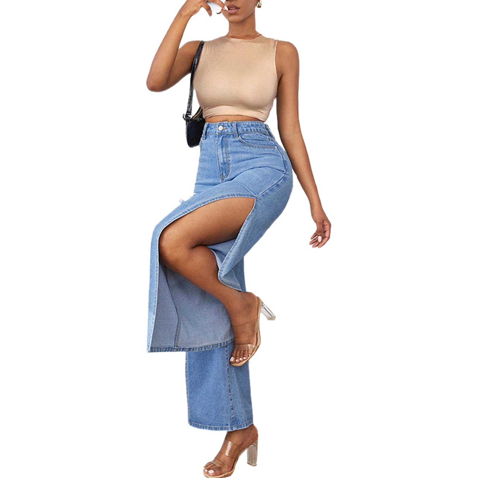 SCOMCHIC High Waist Distressed Wide Leg Jeans - Stretchy-blue Small - Women's Fashion - Women's Clothing - Bottoms - Jeans