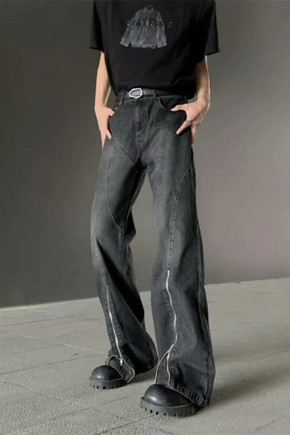 Men's Plus Size Washed Flare Jeans with Zipper Detail - -