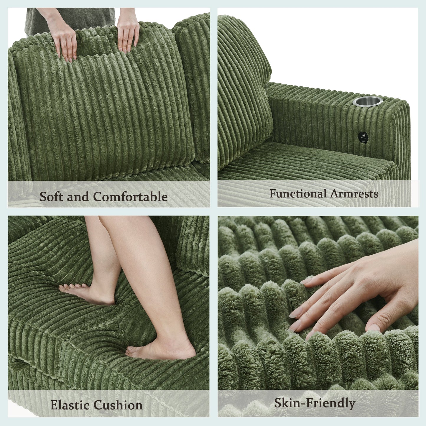 Sofa Bed L-Shape Corduroy Olive Green 5 Seat Pull-Out USB Ports 81 In- NIKKI CASA- {{Product type}}