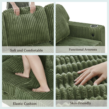 Sofa Bed L-Shape Corduroy Olive Green 5 Seat Pull-Out USB Ports 81 In- NIKKI CASA- {{Product type}}