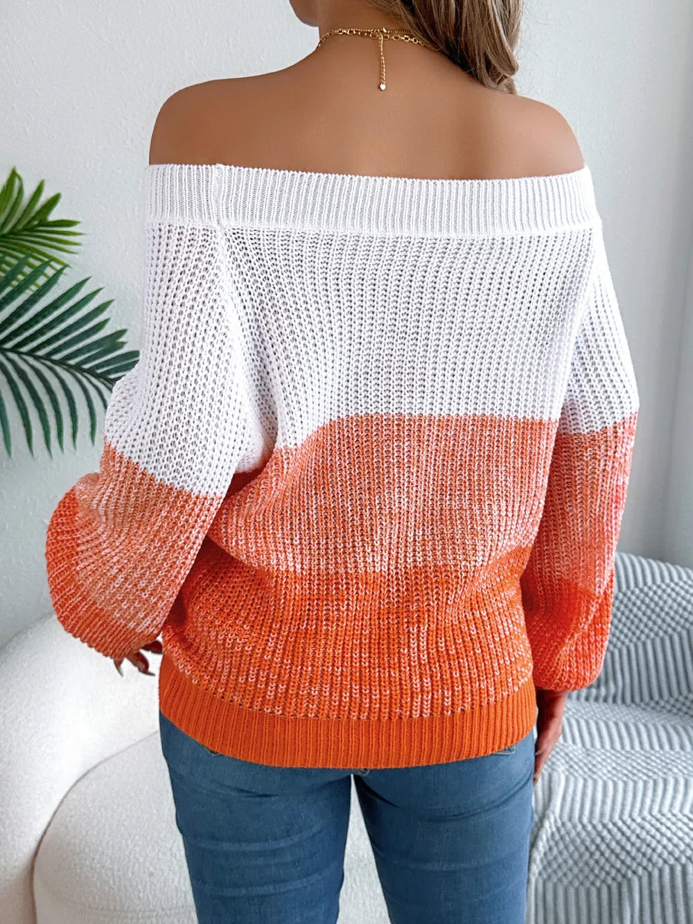 Color Block Off-Shoulder Long Sleeve Sweater - -
