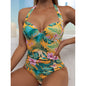Conservative Printed Halter One-Piece Swimsuit - Yellow L - swimwear