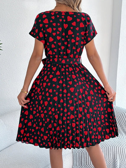 Heart Print Short Sleeve Tie Waist Dress - -