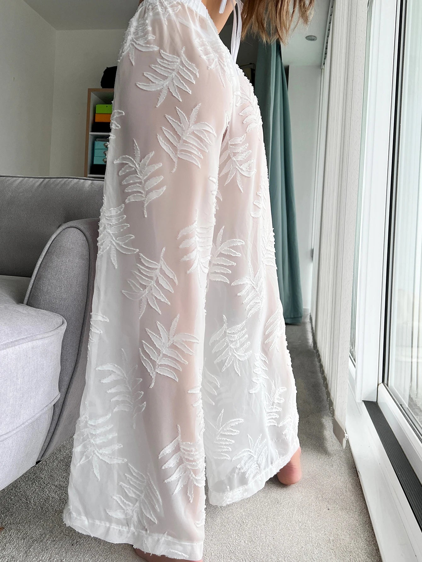 Swimsuit Cover Up Pants White Lace Leaf Print Pants