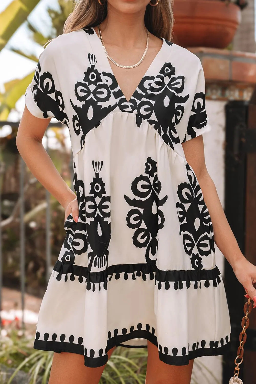 Printed V-Neck Short Sleeve Dress - -