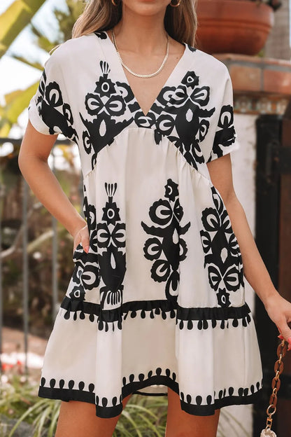 Printed V-Neck Short Sleeve Dress - -