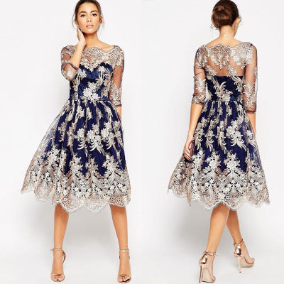 Embroidered Lace Dress Vintage Puff Gown - Navy Blue M - dress