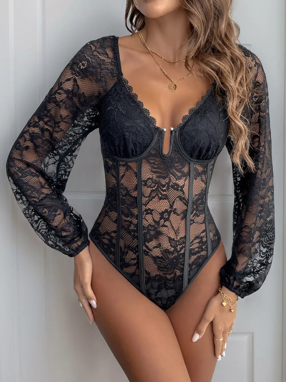 Perfee Lace V-Neck Long Sleeve Bodysuit - - Bodysuit