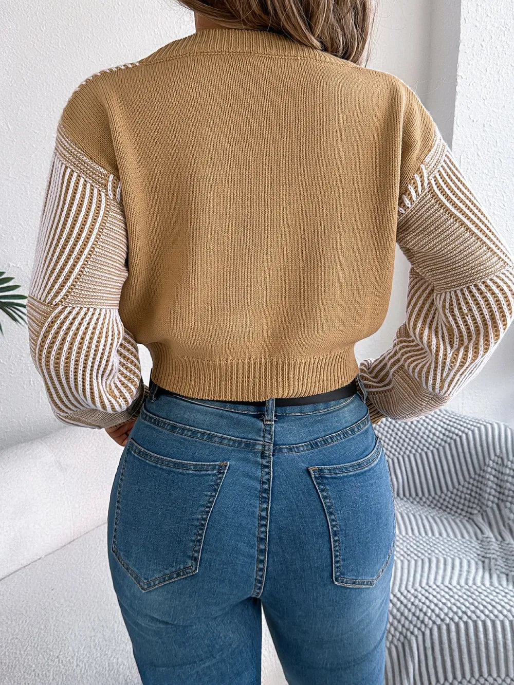 Striped V-Neck Long Sleeve Sweater - -