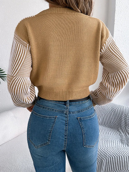 Striped V-Neck Long Sleeve Sweater - -