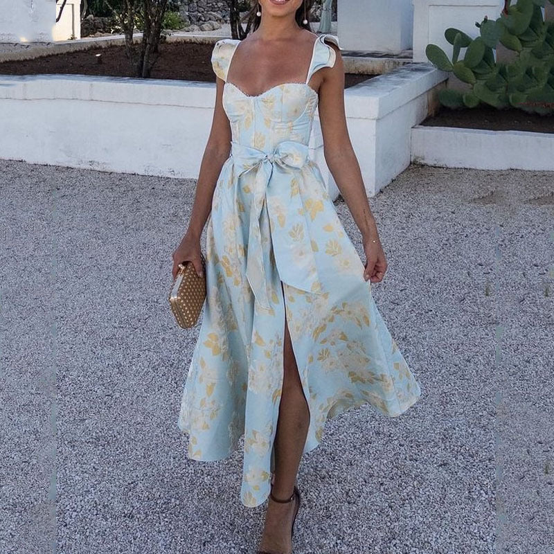 Summer Vintage Floral Print Strappy Dress - White XXL - dress