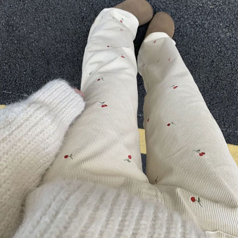 Retro Cherry Embroidered Corduroy Casual Pants - - pants