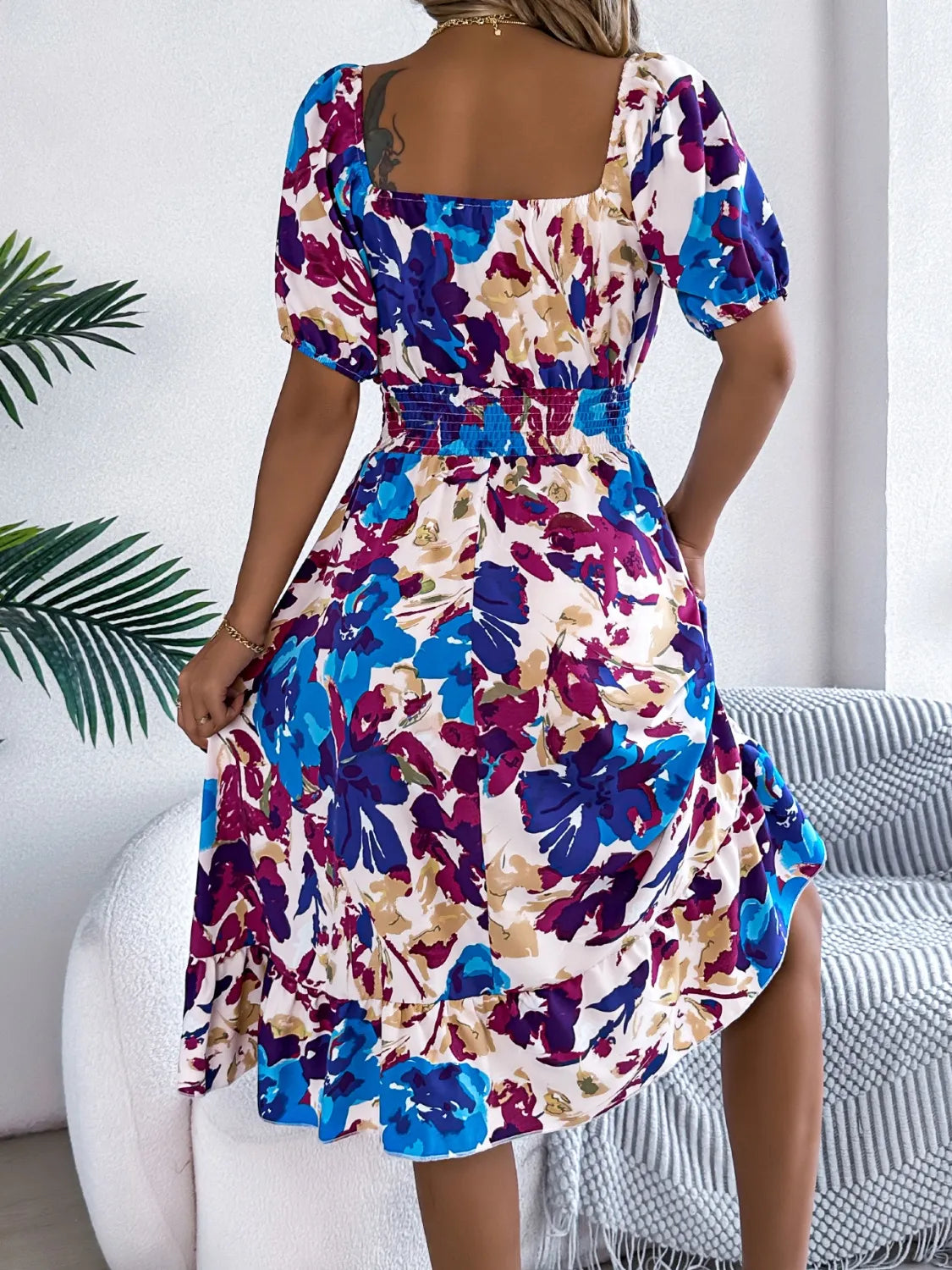 Ruffled Hem Smocked Floral Short Sleeve Midi Dress - -