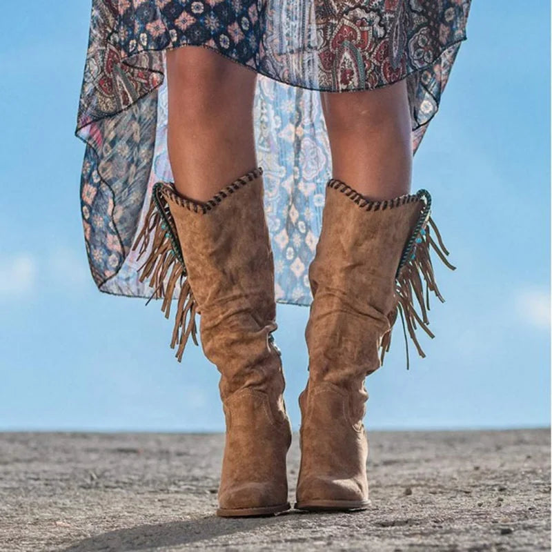 Women Shoes Western Cowgirl Suede Tassel Boots