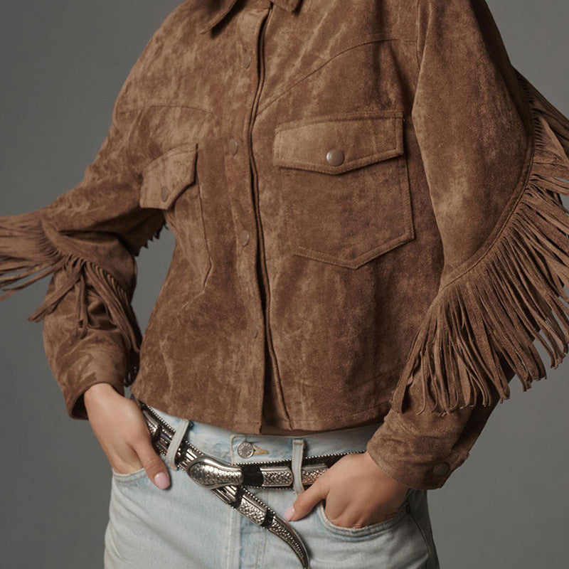 Brown Jacket With A Lapel Tassel Detailing, And Long Sleeves- Social Buzz eSIMs- {{Product type}}