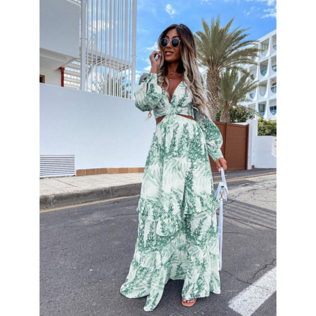 V-Neck Backless Long Dress - Green Small - dress