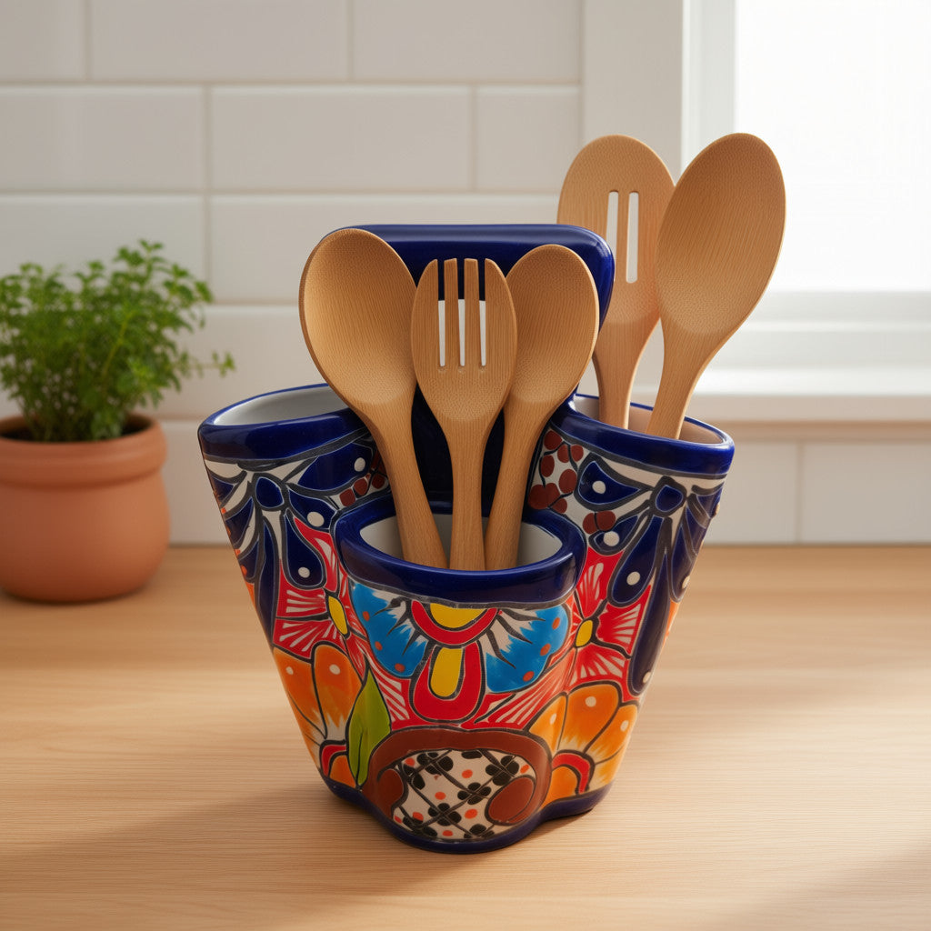 Talavera Utensil Holder Colorful Handmade Mexican Organizer - - Talavera Utensil Holder
