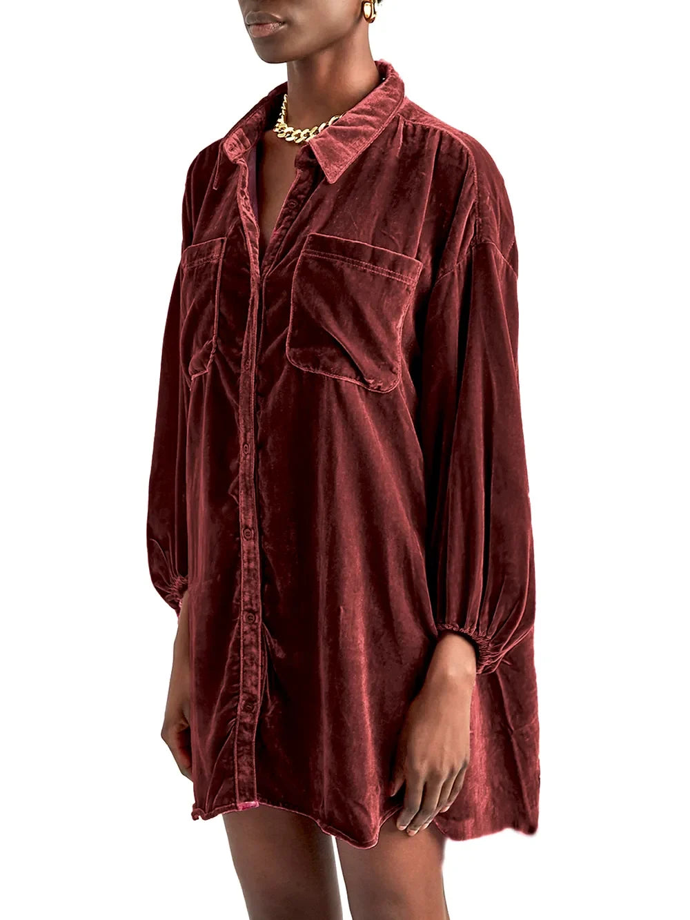 Collared Neck Button Down Long Sleeve Shirt - -