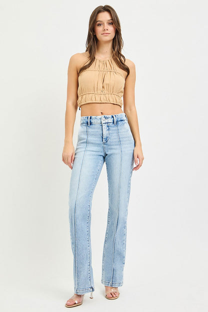 RISEN Tummy Control High Rise Straight Pin Tuck Jeans - -