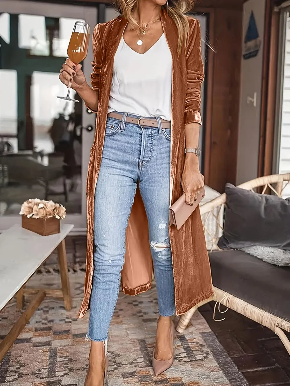 Open Front Long Sleeve Coat - -