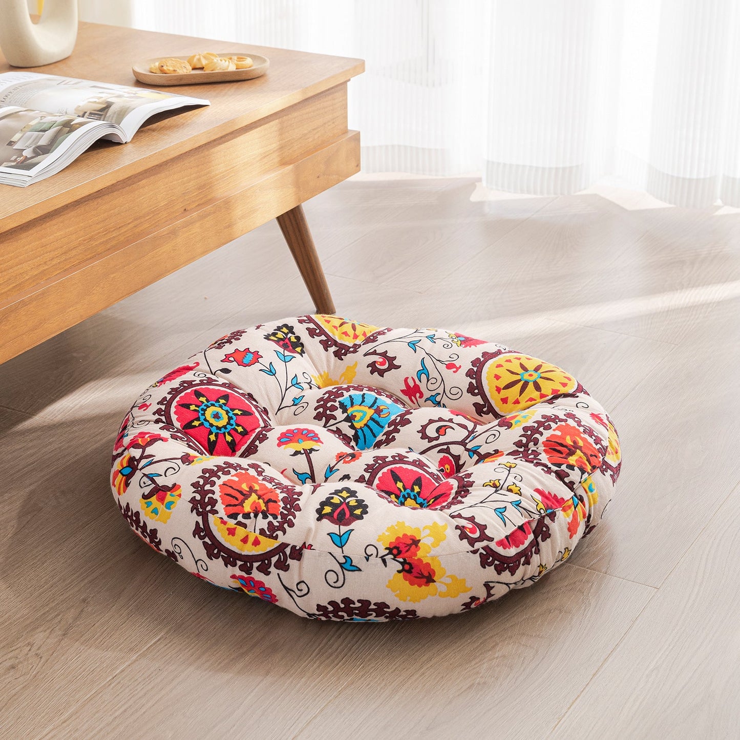 Japanese-Style Cotton Futon Floor Cushion (Round or Square) - Round 8 Style - Floor Cushion