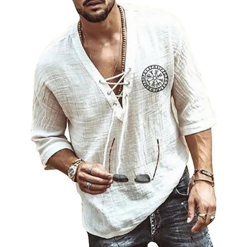 Men's Tee Shirt Solid Tops Pullover v Neck Lace-Up Loose Top Casual Half Sleeve