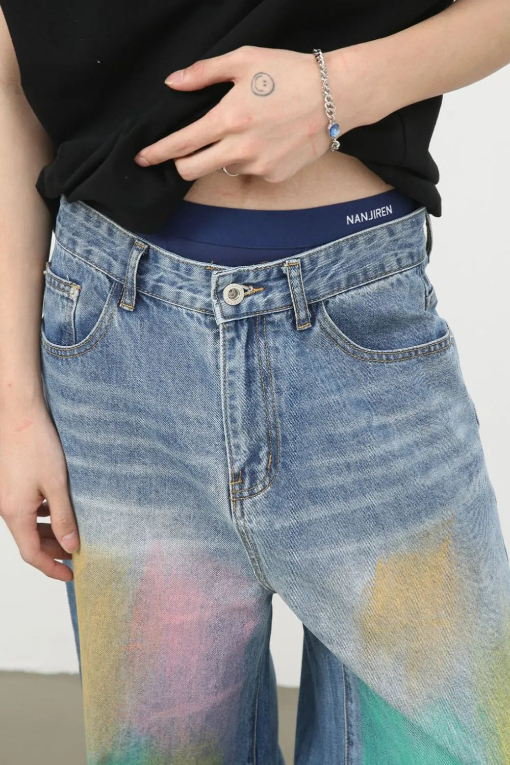 Men's Contrast Wide Leg Jeans - -