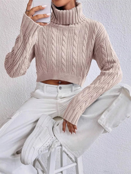 Cable-Knit Turtleneck Long Sleeve Sweater - -